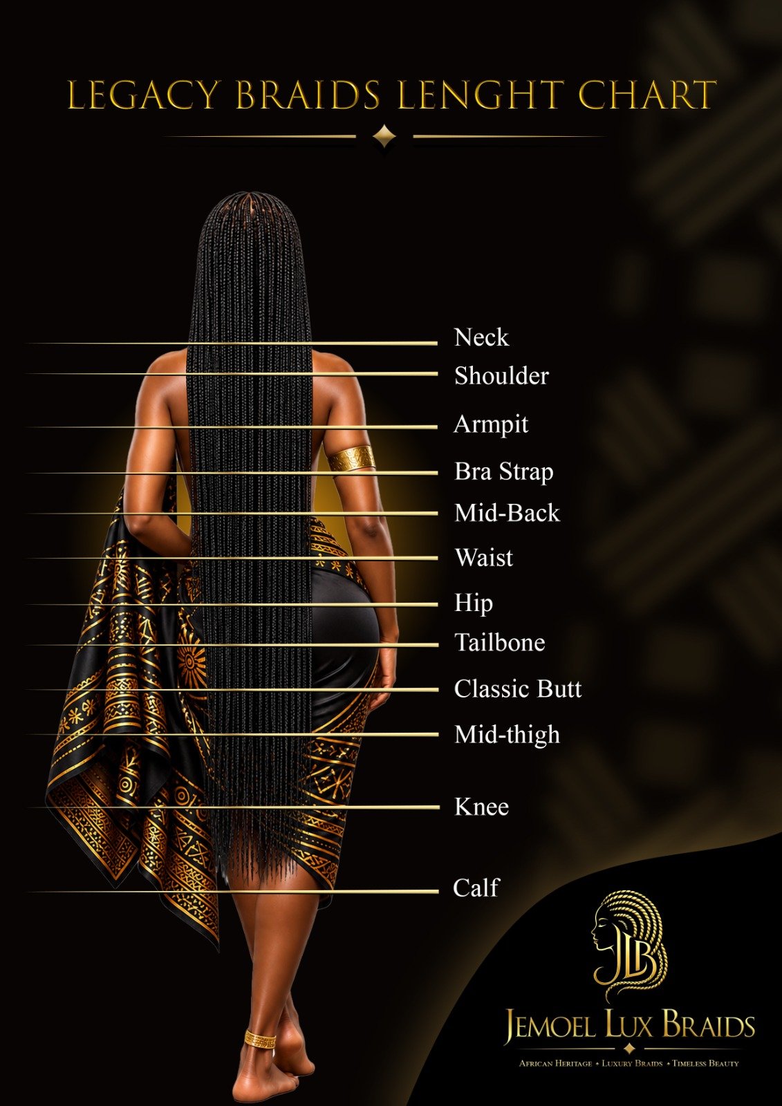 Braid length chart — every length named from neck to calf: shoulder, armpit, bra strap, mid-back, waist, hip, tailbone, classic butt, mid-thigh, knee