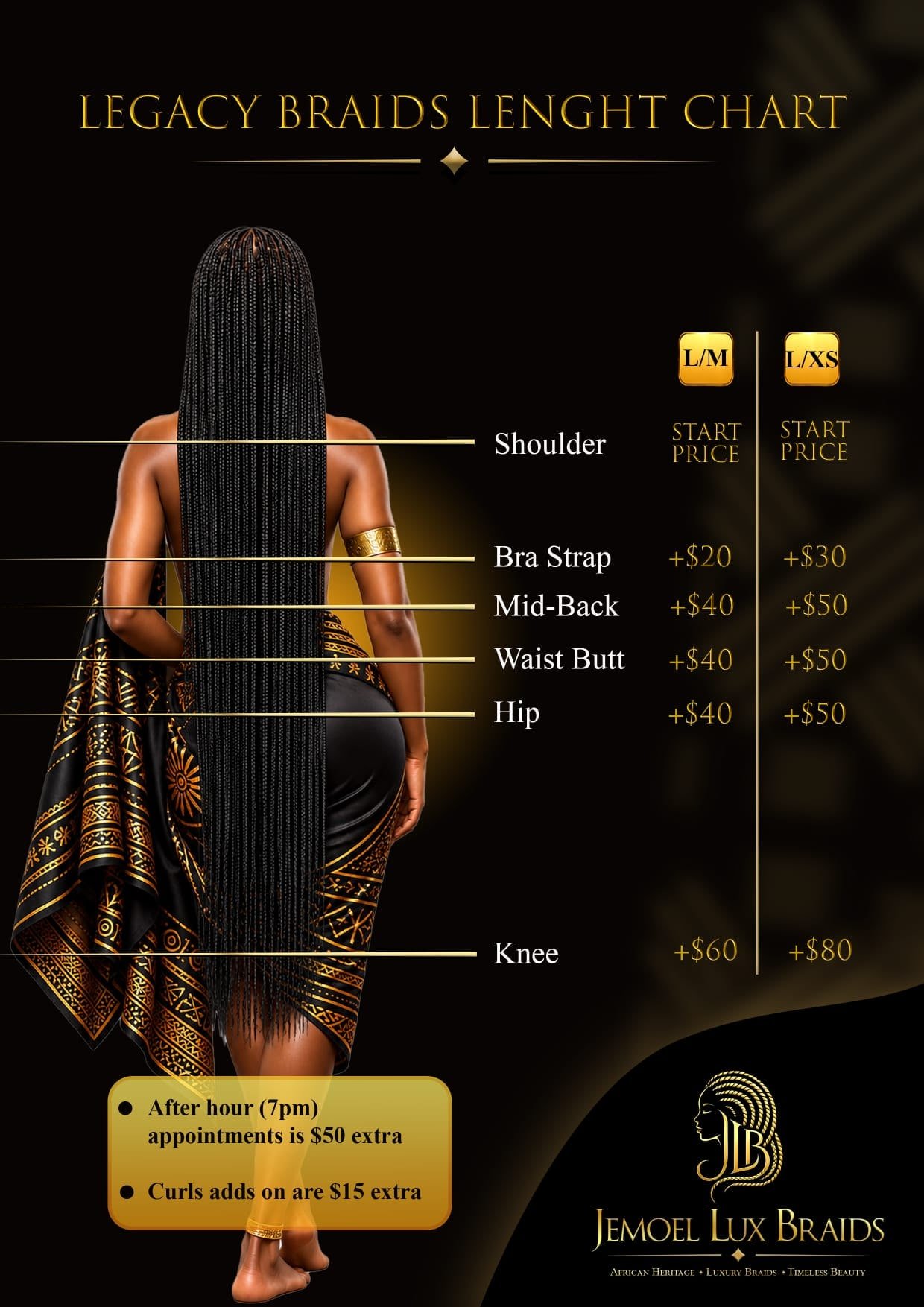 Length pricing chart — start prices by length: bra strap, mid-back, waist, hip and knee, for large/medium and large/extra-small braids; after-hours and curls add-on notes