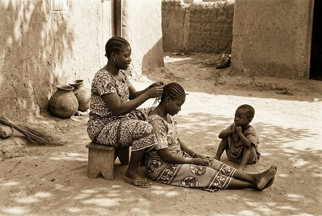 Two women braiding hair in a sunlit West African courtyard, a child watching