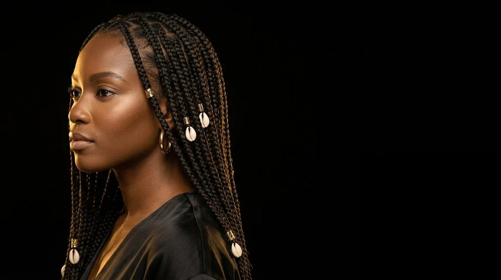 Woman in profile with long braids adorned with cowrie shells and gold cuffs