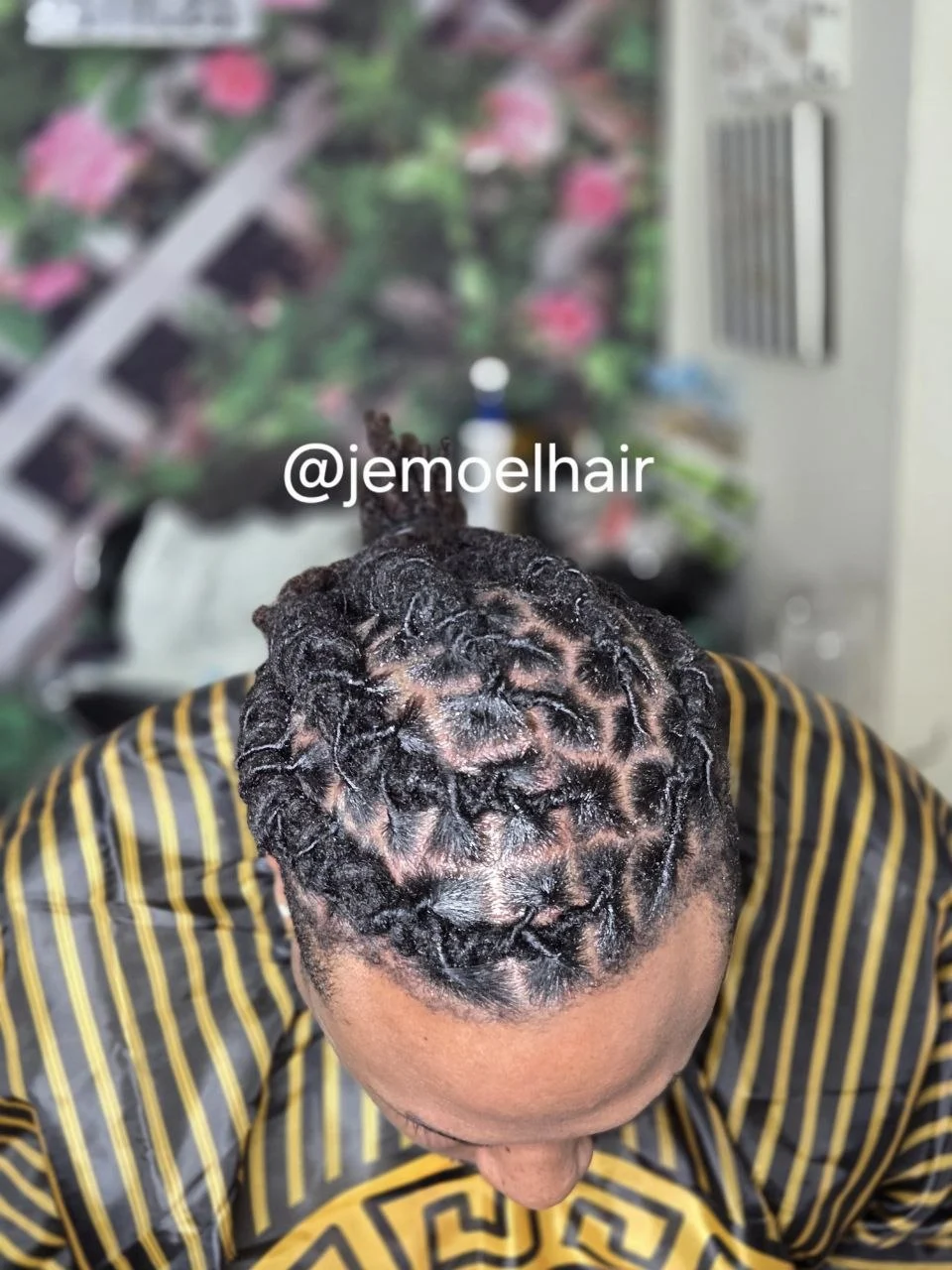 Top-down view of starter locs freshly parted and twisted close to the scalp.